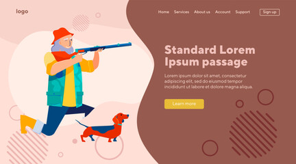 Hunter with dog aiming rifle. Senior man, gun, nature flat vector illustration. Lifestyle, outdoor activity, hunting concept for banner, website design or landing web page