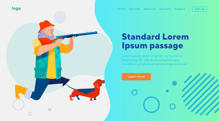 Hunter with dog holding rifle. Senior man, gun, nature flat vector illustration. Lifestyle, outdoor activity, hunting concept for banner, website design or landing web page