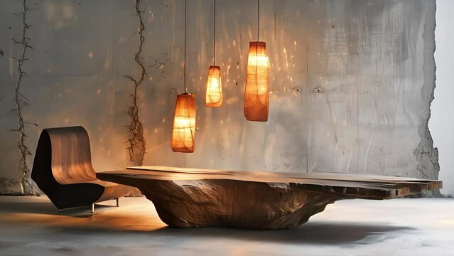 Pushing towards a Wabi Sabi composition of an abstract wooden desk with hanging lights and a concrete cracked background