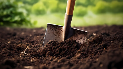 Shovel inserted into fertile garden soil