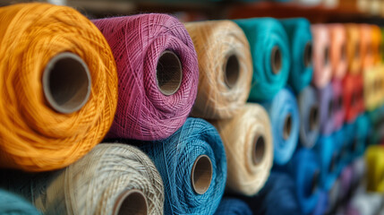 Rolls of thread to be used to make rugs and carpet. Stored inside a factory.
