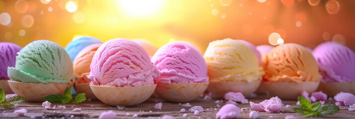 Colorful ice cream balls on a wooden table on blurred background 