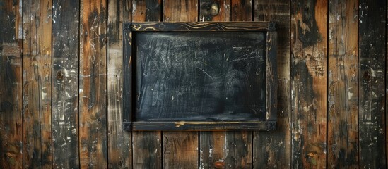 Vintage wooden background displaying a black frame with a blank canvas.