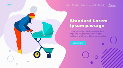 New mom walking with baby outdoors. Young woman in winter outfit wheeling stroller flat vector illustration. Child care, outdoor activity concept for banner, website design or landing web page