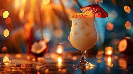 Close up of pina colada drink made from fresh coconut, night club table with boken on background - obrazy, fototapety, plakaty