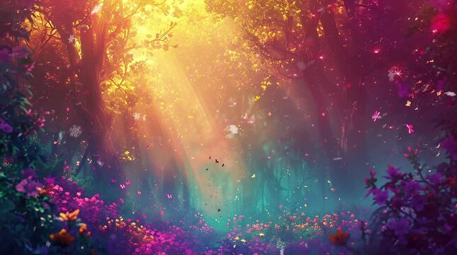 Mystical fantasy forest illuminated by soaring light beams
  Seamless looping 4k time-lapse virtual video animation background. Generated AI