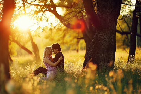 The picture about couple hugging each other has been surrounded with grass under the tall tree in the forest bright by light of daytime in morning or evening at dawn or dusk time of the year. AIGX01.