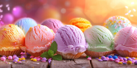 Colorful ice cream balls on a wooden table on blurred background 