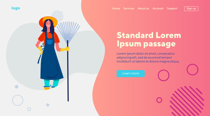 Positive woman working in garden. Gardener wearing hat and apron, holding rake flat vector illustration. Gardening, outdoor activity, hobby concept for banner, website design or landing web page