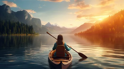 Foto op Canvas Young Woman Sitting on Boat, Rowing Exercise for Healthy Life and Relaxation in Morning Sunrise or Sunset Evening Background, 8 March, Yoga, World Health Day, Women's Day, Sports, Banner or Poster © RBGallery