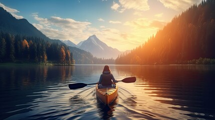 Young Woman Sitting on Boat, Rowing Exercise for Healthy Life and Relaxation in Morning Sunrise or Sunset Evening Background, 8 March, Yoga, World Health Day, Women's Day, Sports, Banner or Poster