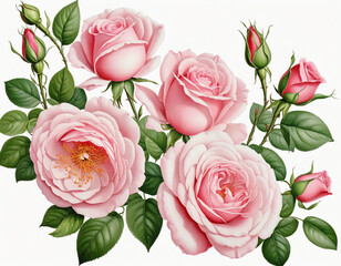 Collection of Pink vintage roses with branch colorful background