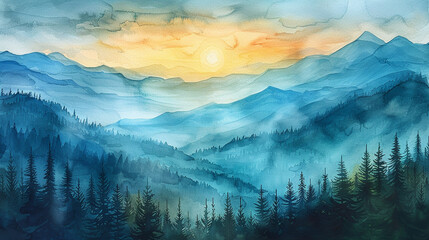 Mountain panorama in the rural area with morning sun. Watercolor painting illustration. Generative AI
