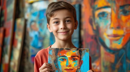 Boy holding a colorful abstract painting