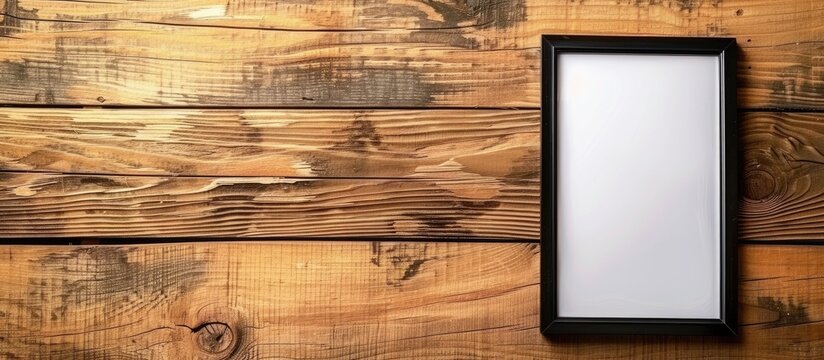 Photo frame placed on a wooden table with empty space for text