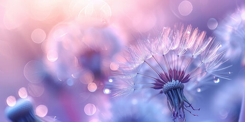 purple dandelion background. Freedom to Wish. Dandelion silhouette fluffy flower on sky. Seed macro closeup. Soft focus. Goodbye Summer. Hope and dreaming concept. Fragility. Springtime. - obrazy, fototapety, plakaty
