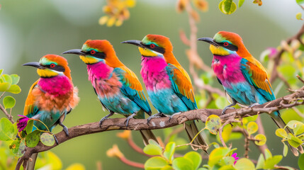 Colorful and bright birds sitting on a tree branch in the wilderness.