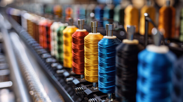 Spools of colorful silky thread inside a textile factory.