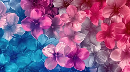 Colorful Flowers Seamless Patterns. Pink-Blue Gradient Hue, Glowing Glassy Style. Beautiful Floral Abstract Background