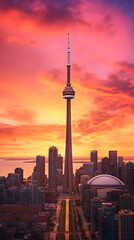 Fototapeta na wymiar The Majestic CN Tower Against Golden Sunset Sky: Toronto's Architectural Giant Beckoning