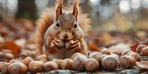 Industrious Squirrel Hoarding Acorns for the Approaching Winter Furry Forager Collecting Edible Nuts in Autumn Woodland Scene with Bokeh Background - obrazy, fototapety, plakaty