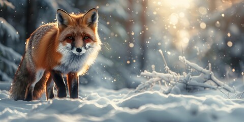 Cunning Fox Sneaking Through Snowy Forest Landscape - obrazy, fototapety, plakaty