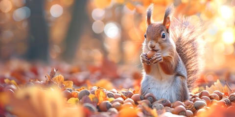 Industrious Squirrel Hoarding Acorns for the Upcoming Winter Season in the Colorful Autumn Woodland Habitat - obrazy, fototapety, plakaty