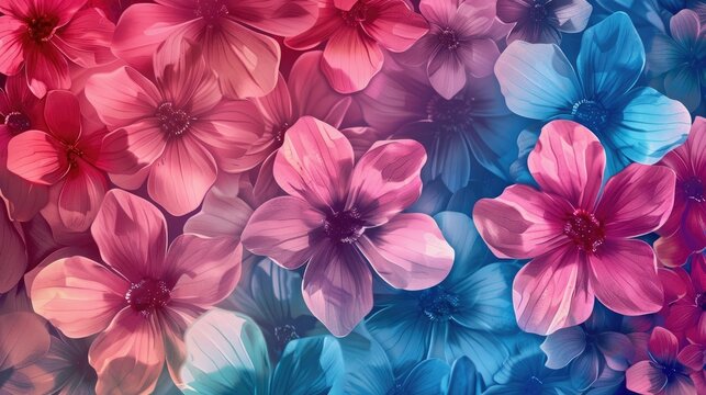Colorful Flowers Seamless Patterns. Pink-Blue Gradient Hue, Glowing Glassy Style. Beautiful Floral Abstract Background