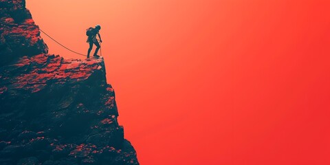 a solitary silhouetted figure scaling a rugged vertical cliff face climbing confidently upwards on a taut rope against a vibrant - obrazy, fototapety, plakaty