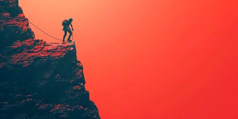 Photo sur Aluminium Rouge a solitary silhouetted figure scaling a rugged vertical cliff face climbing confidently upwards on a taut rope against a vibrant