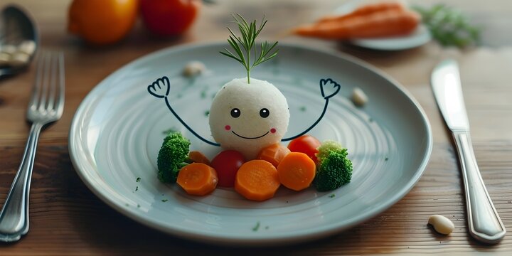 Cute Calorie Counter Character Celebrating Achieved Dietary Goal with Healthy Vegetable Meal on Plate