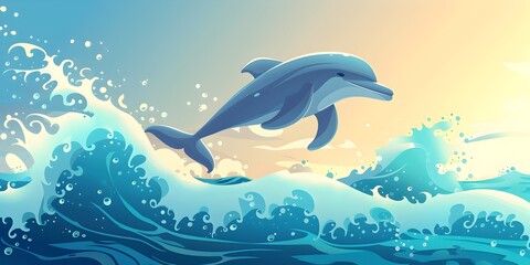 Joyful Dolphin Leaping Over Crashing Ocean Waves in Vibrant Aquatic