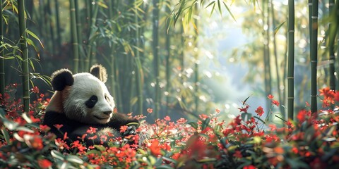 Peaceful Panda Lounging in Lush Bamboo Forest with Copy Space