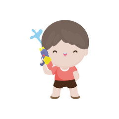 Songkran festival kid thai Traditional playing enjoy water gun splashing water Thailand cartoon character flat style Happy thai new year vector illustration on white background