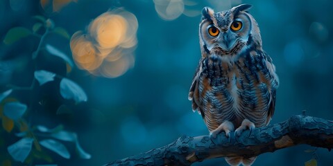 Majestic Owl Perched on Moonlit Branch Embodying Nocturnal Wisdom and Captivating Presence - obrazy, fototapety, plakaty