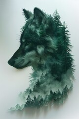 A wolf's head is shown in a forest with trees