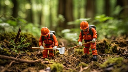 miniature forest rangers preventing illegal deforestation - obrazy, fototapety, plakaty