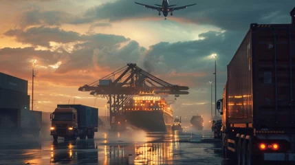 Foto op Canvas Container truck in ship port for business Logistics and transportation of Container Cargo ship and Cargo plane with working crane bridge in shipyard at sunrise, logistic import export and transport © pinkrabbit