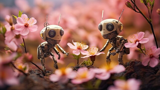 nanorobots pollinating delicate flowers