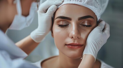 plastic surgery, beauty, Surgeon or beautician touching woman face, surgical procedure that involve altering shape of face, doctor injection to prepare for rhinoplasty, medical assistance, health