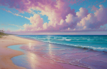 The clouds and the sea are pastel tones and feel like a dream in a novel