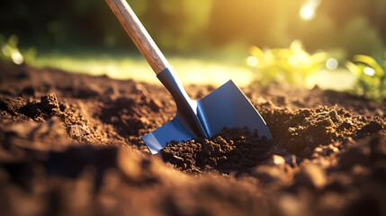 Shovel inserted into fertile garden soil