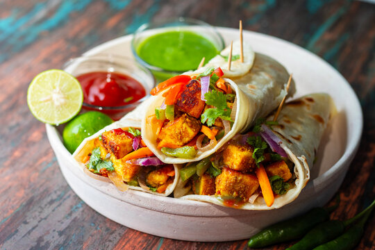 selective focus of Indian food "Paneer Roll" or "paneer kathi roll". 