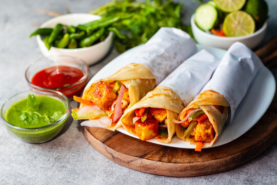 selective focus of Indian food "Paneer Roll" or "paneer kathi roll". 