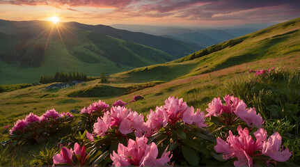 Colorful Carpathian mountains landscapes in Ukraine Europe featuring a lawn with pink rhododendron flowers.generative.ai - obrazy, fototapety, plakaty