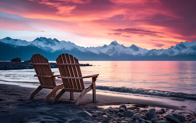 two wooden chairs for relaxing on the shore of a mountain lake against the backdrop of sunset - 767613859