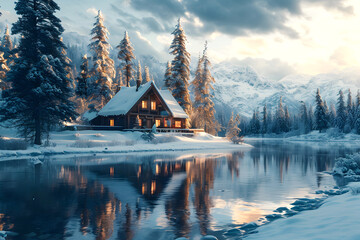 snow covered lonely wooden house on a frosty winter. winter houses on the shore of a lake against the backdrop of mountains - 767614063