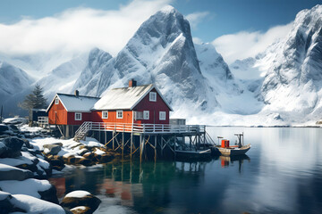 Beautiful winter landscape with fishing village in Lofoten islands, Norway. winter houses on the shore of a lake against the backdrop of mountains - 767614067