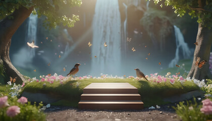 3d render of podium display with fairytale nature background and beautiful flowers