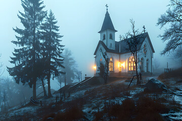 light in the windows of the Catholic Church against the backdrop of evening fog in the mountains. religion and christianity